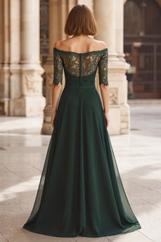 Kieferngrün Schulterfreie Chiffon A-Linie Lange Brautmutterkleid mit Spitze