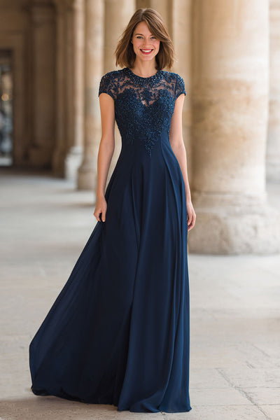 Marineblau Chiffon Rundhalsausschnitt A-Line Lange Brautmutterkleid mit Spitze