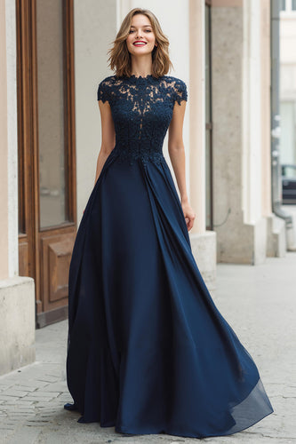 Marineblau Rundhalsausschnitt A-Linie Chiffon Lange Brautmutterkleid mit Spitze