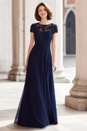 Marineblau Rundhalsausschnitt Chiffon A-Linie Lange Brautmutterkleid mit Applikationen