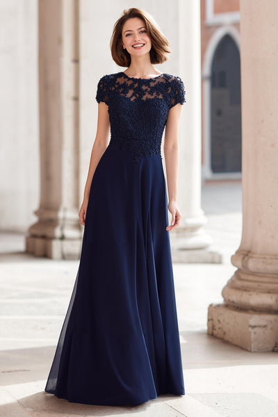 Marineblau Rundhalsausschnitt Chiffon A-Linie Lange Brautmutterkleid mit Applikationen