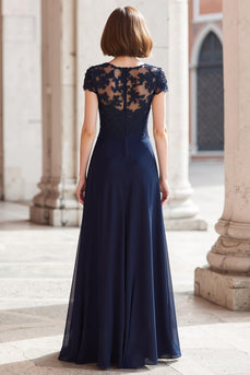 Marineblau Rundhalsausschnitt Chiffon A-Linie Lange Brautmutterkleid mit Applikationen