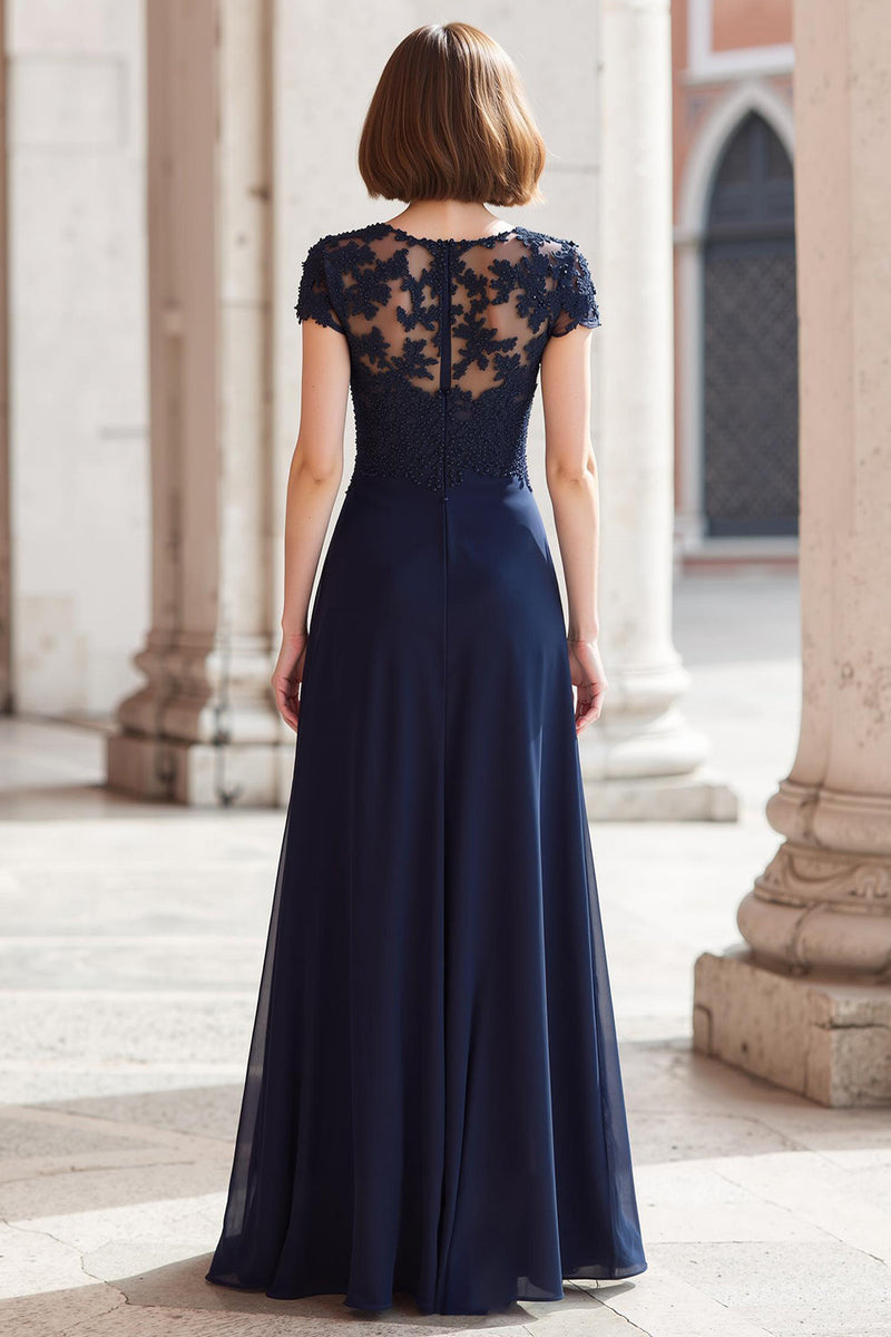 Laden Sie das Bild in den Galerie-Viewer, Marineblau Rundhalsausschnitt Chiffon A-Linie Lange Brautmutterkleid mit Applikationen