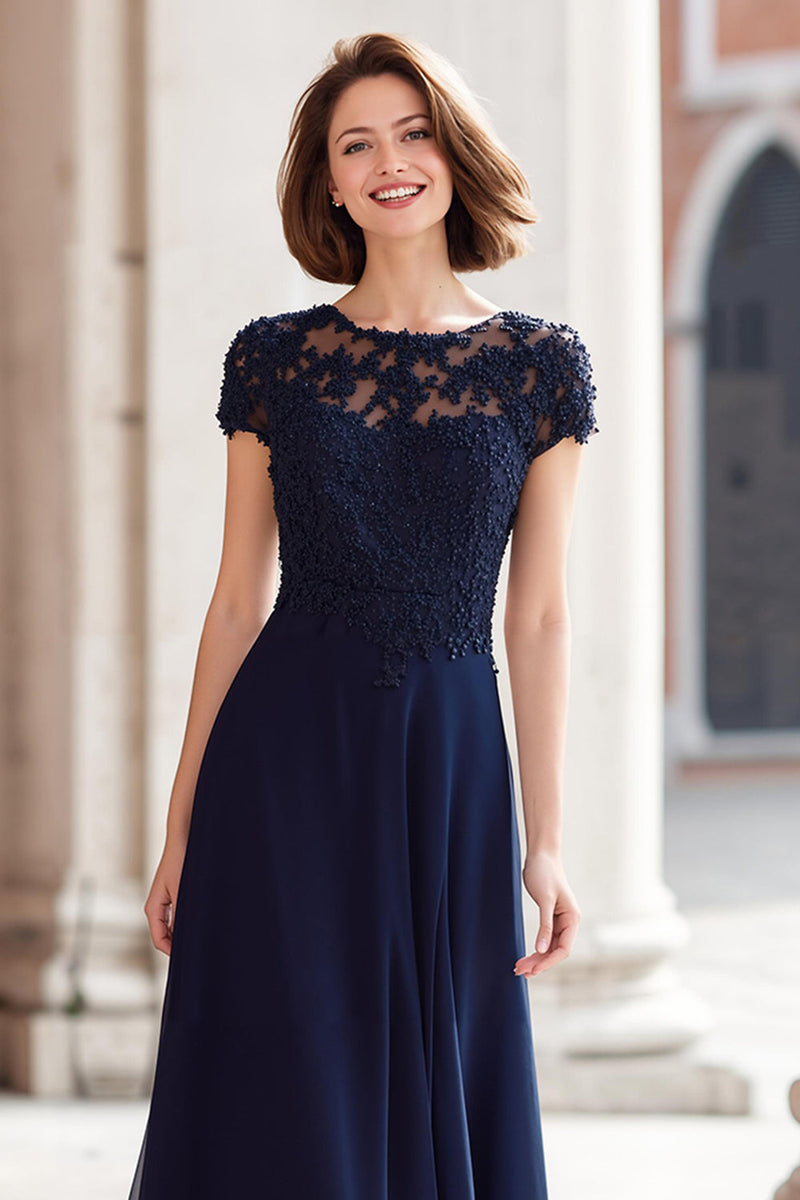 Laden Sie das Bild in den Galerie-Viewer, Marineblau Rundhalsausschnitt Chiffon A-Linie Lange Brautmutterkleid mit Applikationen