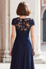 Laden Sie das Bild in den Galerie-Viewer, Marineblau Rundhalsausschnitt Chiffon A-Linie Lange Brautmutterkleid mit Applikationen