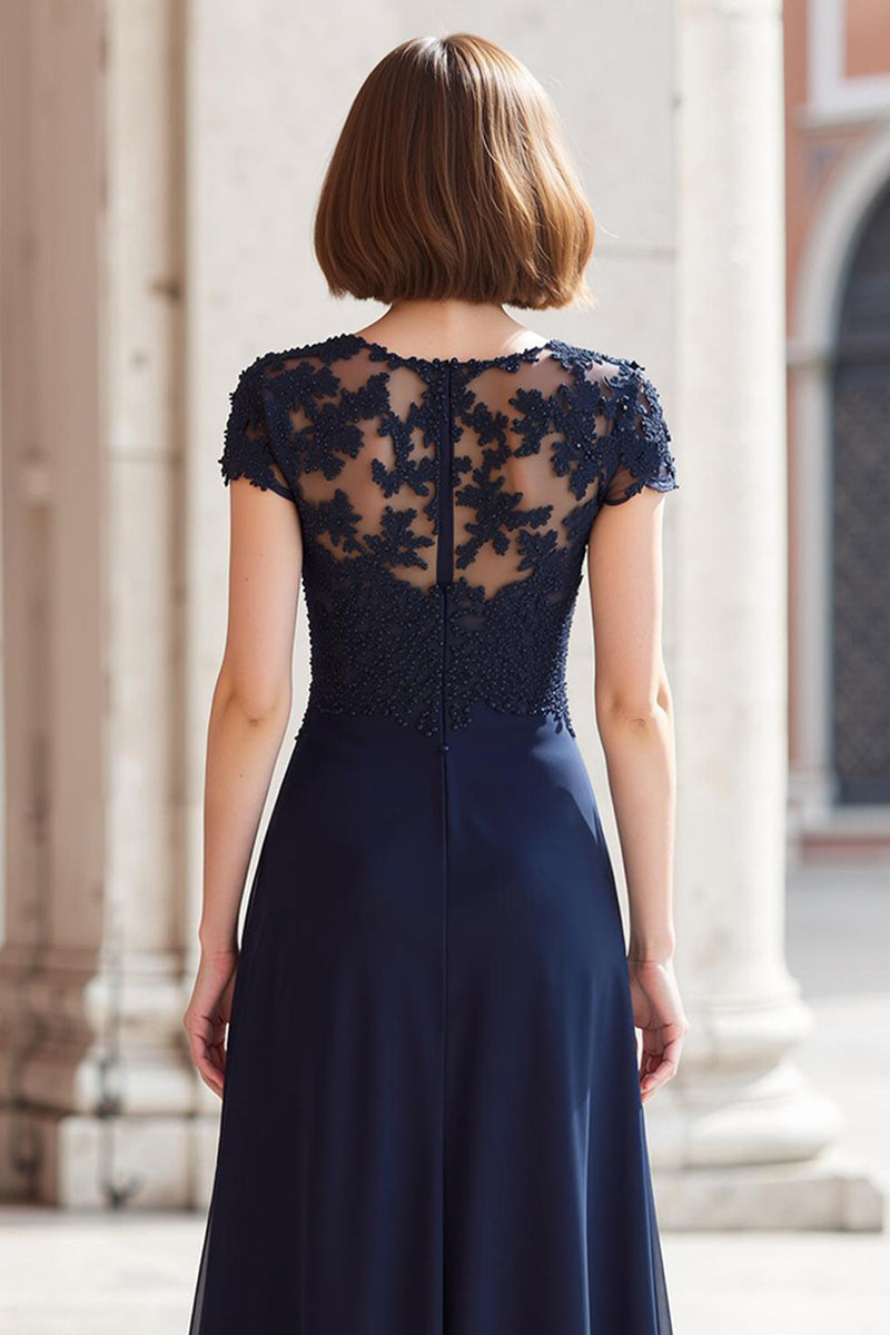 Laden Sie das Bild in den Galerie-Viewer, Marineblau Rundhalsausschnitt Chiffon A-Linie Lange Brautmutterkleid mit Applikationen