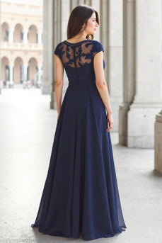 Marineblau Chiffon A-Linie U-Boot-Ausschnitt Lange Brautmutterkleid mit Applikationen