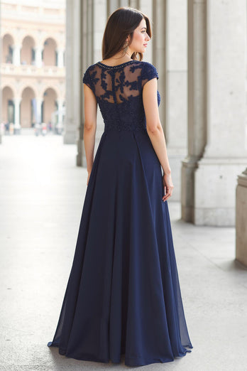 Marineblau Chiffon A-Linie U-Boot-Ausschnitt Lange Brautmutterkleid mit Applikationen