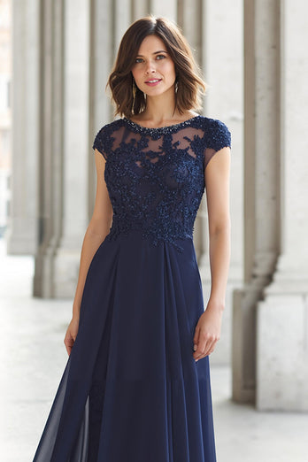Marineblau Chiffon A-Linie U-Boot-Ausschnitt Lange Brautmutterkleid mit Applikationen