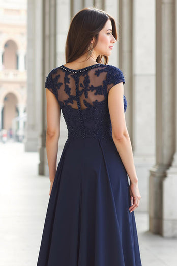 Marineblau Chiffon A-Linie U-Boot-Ausschnitt Lange Brautmutterkleid mit Applikationen