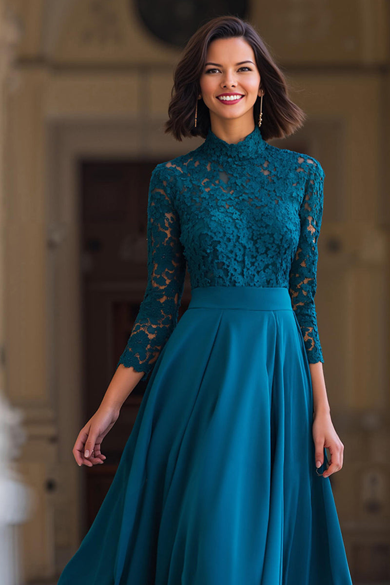 Laden Sie das Bild in den Galerie-Viewer, Pfauenblau Hoher Ausschnitt Chiffon A-Linie Lange Brautmutterkleid mit Spitze