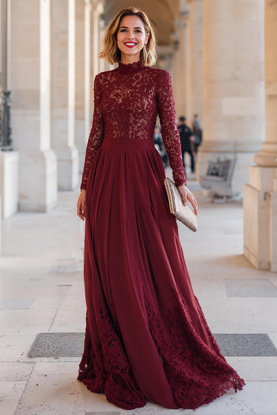 Burgunderrot Hoher Ausschnitt Chiffon A-Line Lange Brautmutterkleid mit Spitze