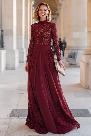 Burgunderrot Hoher Ausschnitt Chiffon A-Line Lange Brautmutterkleid mit Spitze