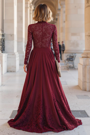 Burgunderrot Hoher Ausschnitt Chiffon A-Line Lange Brautmutterkleid mit Spitze