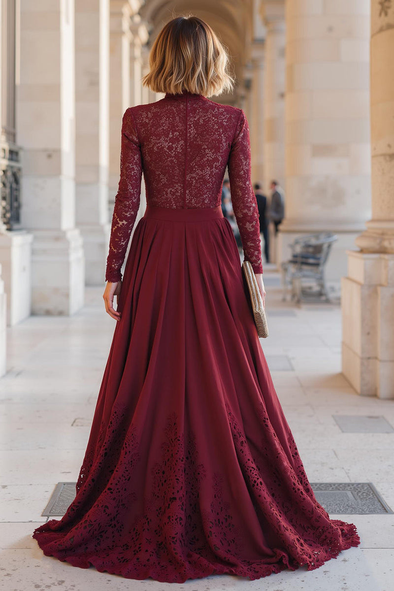 Laden Sie das Bild in den Galerie-Viewer, Burgunderrot Hoher Ausschnitt Chiffon A-Line Lange Brautmutterkleid mit Spitze