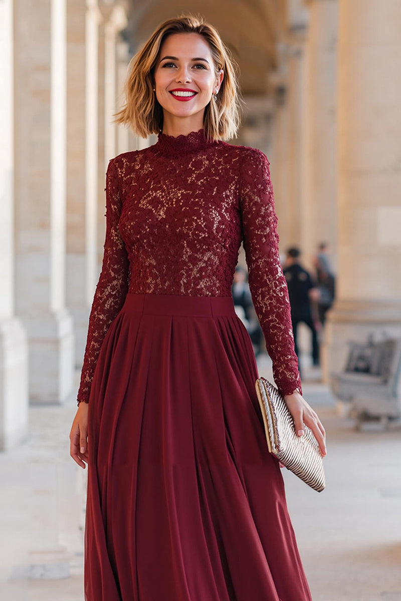 Laden Sie das Bild in den Galerie-Viewer, Burgunderrot Hoher Ausschnitt Chiffon A-Line Lange Brautmutterkleid mit Spitze