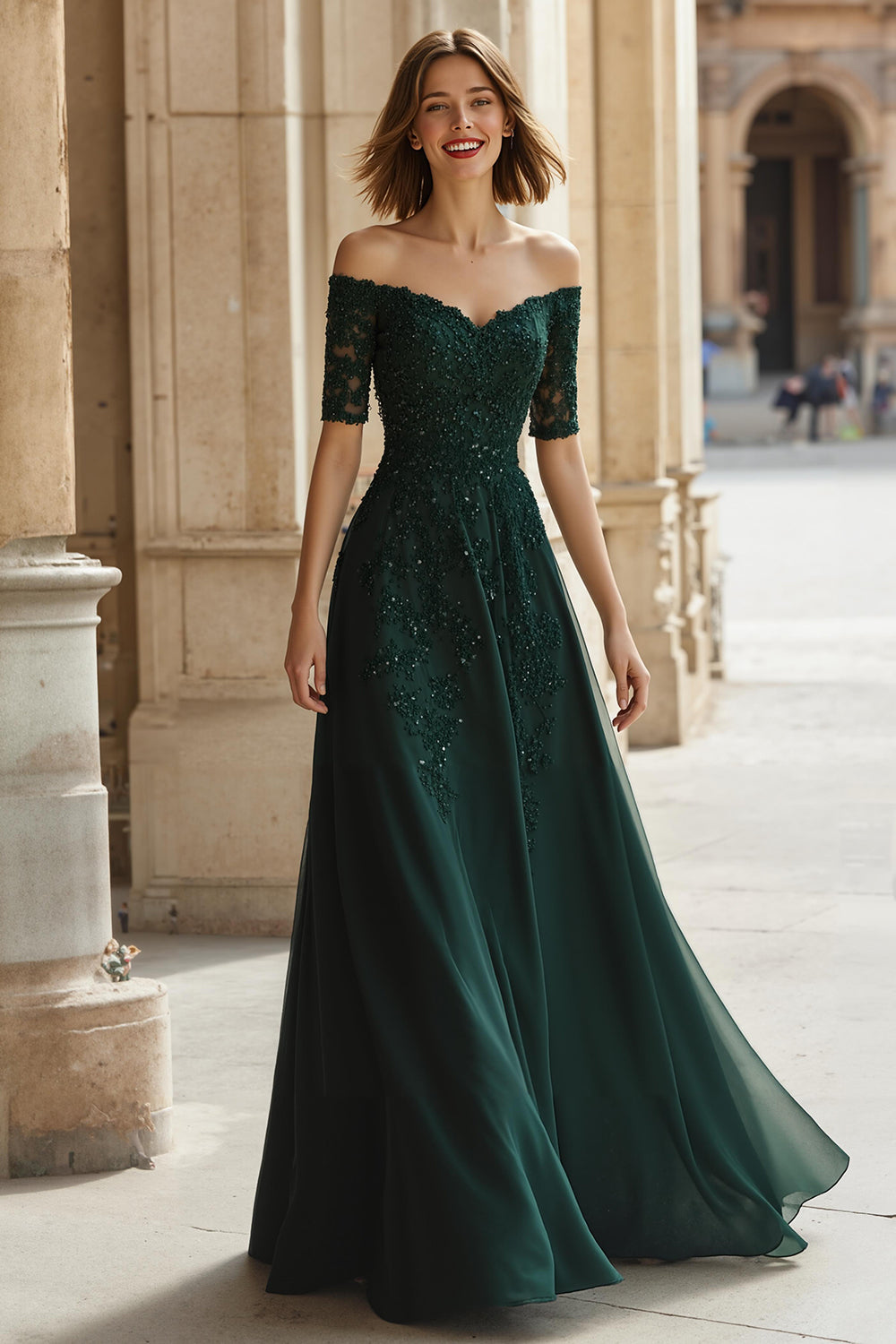 Kieferngrün Schulterfreie Chiffon A-Linie Lange Brautmutterkleid mit Perlen