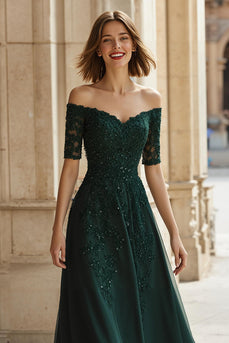 Kieferngrün Schulterfreie Chiffon A-Linie Lange Brautmutterkleid mit Perlen