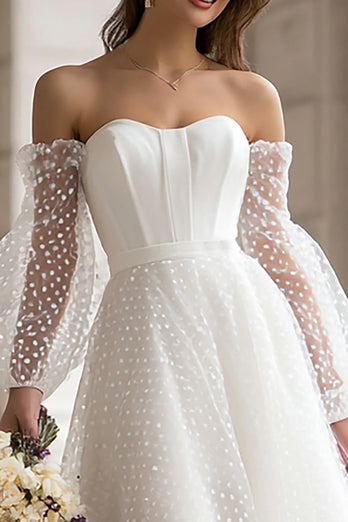 Elfenbein Schulterfreie A-Linie Midi Hochzeitskleid mit Ärmel