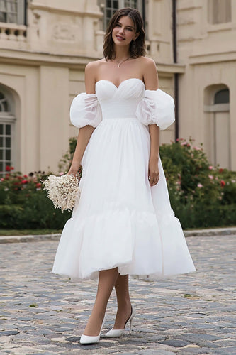 Elfenbein A-Linie Organza Schulterfreie Midi Hochzeitskleid