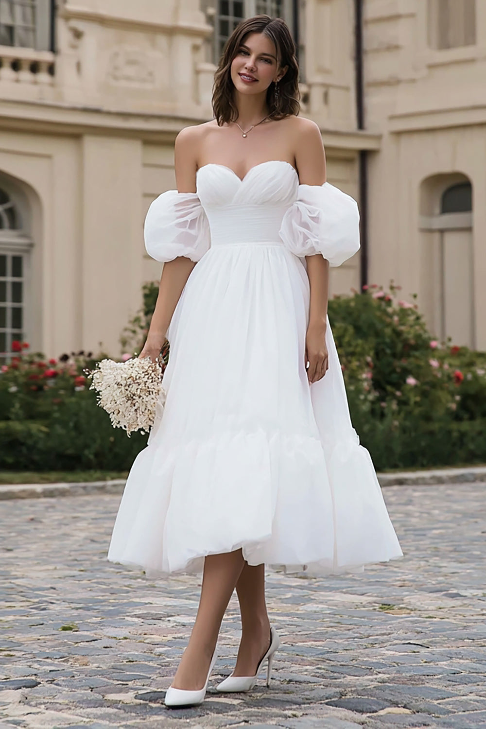 Elfenbein A-Linie Organza Schulterfreie Midi Hochzeitskleid