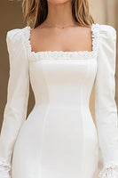 Laden Sie das Bild in den Galerie-Viewer, Elfenbein Satin Quadratischer Ausschnitt Bodycon Kurze Verlobungsfeier Kleid mit Ärmel