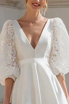 Elfenbein Satin V-Ausschnitt A-Linie Kurze Verlobungsfeier Kleid mit Spitze