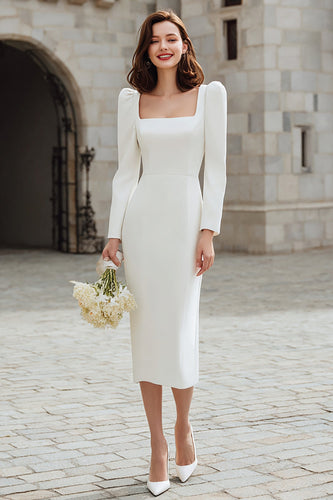 Elfenbein Bodycon Quadratischer Ausschnitt Midi Verlobungsfeier Kleid mit Ärmel