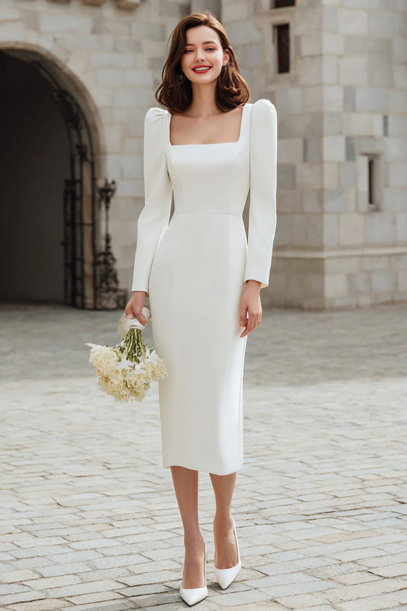 Laden Sie das Bild in den Galerie-Viewer, Elfenbein Bodycon Quadratischer Ausschnitt Midi Verlobungsfeier Kleid mit Ärmel