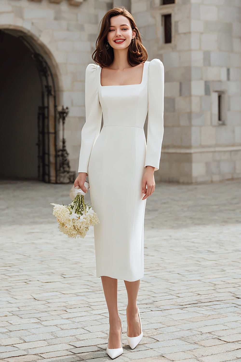 Elfenbein Bodycon Quadratischer Ausschnitt Midi Verlobungsfeier Kleid mit Ärmel