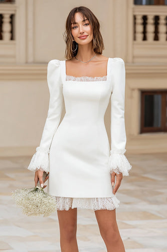 Elfenbein Quadratischer Ausschnitt Satin Kurze Verlobungsfeier Kleid mit Spitze
