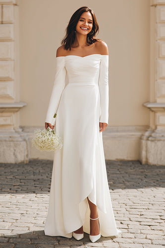 Elfenbein Schulterfreie Satin Maxi Verlobungsfeier Kleid mit Ärmel
