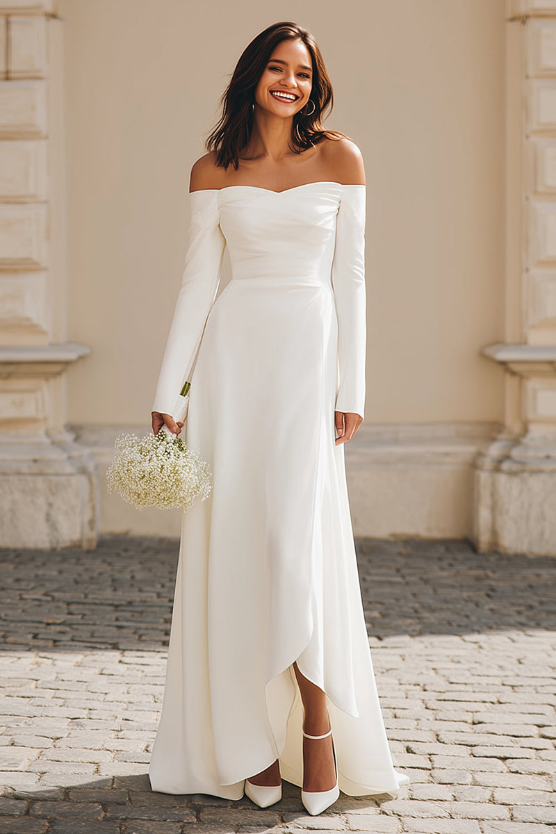Laden Sie das Bild in den Galerie-Viewer, Elfenbein Schulterfreie Satin Maxi Verlobungsfeier Kleid mit Ärmel