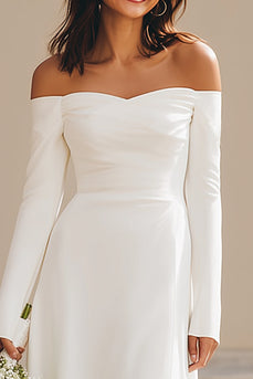 Elfenbein Schulterfreie Satin Maxi Verlobungsfeier Kleid mit Ärmel