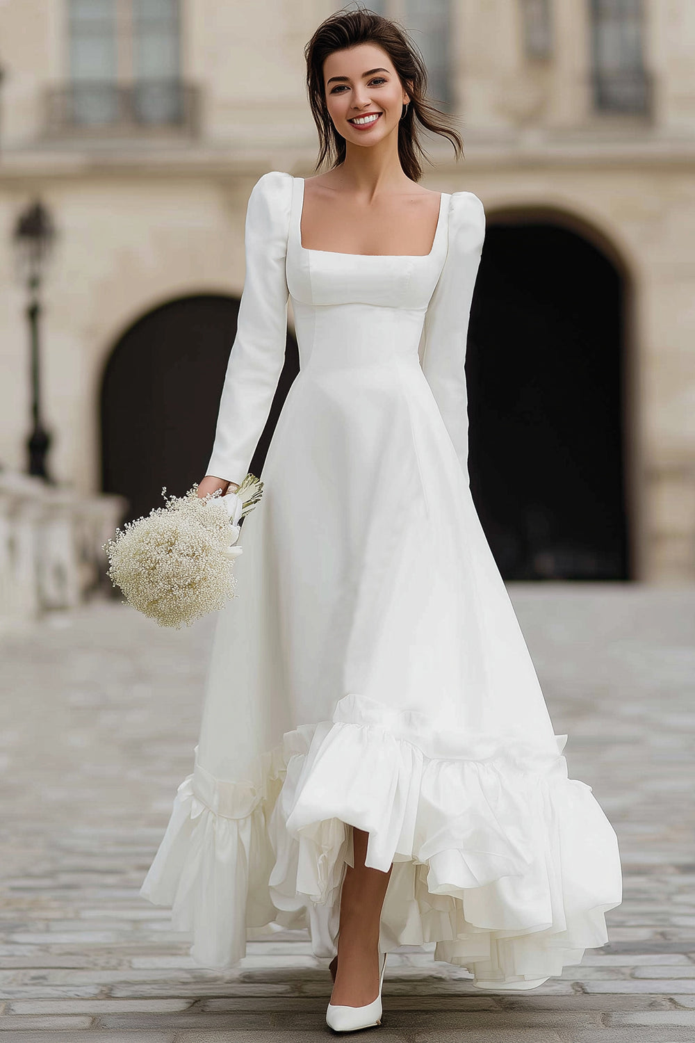 Elfenbein Satin A-Linie Rüschen Maxi Verlobungsfeier Kleid mit Ärmel