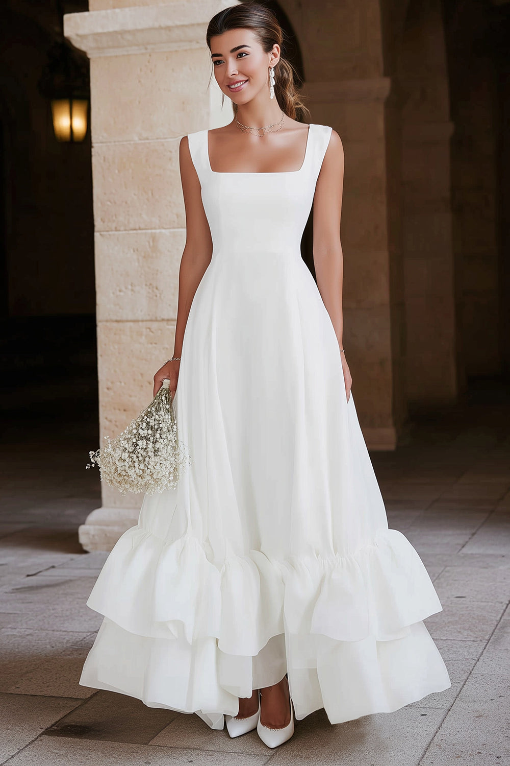Elfenbein A-Linie Satin Gestufte Maxi Verlobungsfeier Kleid mit Rüschen