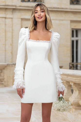 Elfenbein Quadratischer Ausschnitt Lange Ärmel Kurze Hochzeitsfeier Kleid mit Rüschen