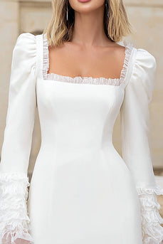 Elfenbein Quadratischer Ausschnitt Lange Ärmel Kurze Hochzeitsfeier Kleid mit Rüschen