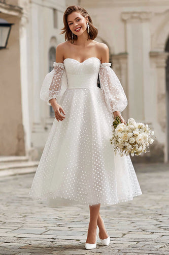Elfenbein A Line Tüll Schulterfreie Midi Junggesellinnenabschied Kleid