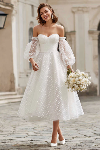Elfenbein A Line Tüll Schulterfreie Midi Junggesellinnenabschied Kleid