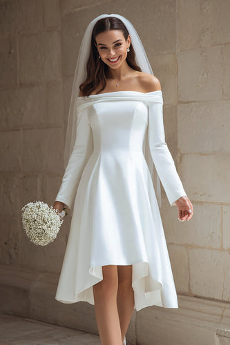 Elfenbein A Linie Schulterfreie Satin High Low Junggesellinnenabschied Kleid mit Ärmel