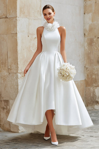 Elfenbein Prinzessin Hoher Ausschnitt Satin High Low Blumen Junggesellinnenabschied Kleid