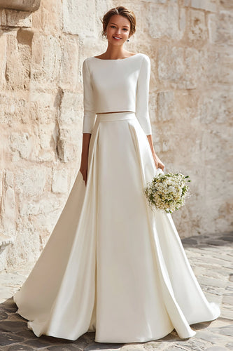 Elfenbein Satin 2-teiliges Set A-Linie Lange Braut Kleid mit Ärmel