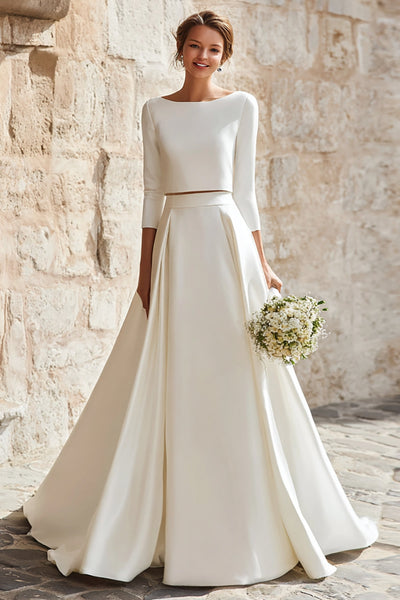 Elfenbein Satin 2-teiliges Set A-Linie Lange Braut Kleid mit Ärmel