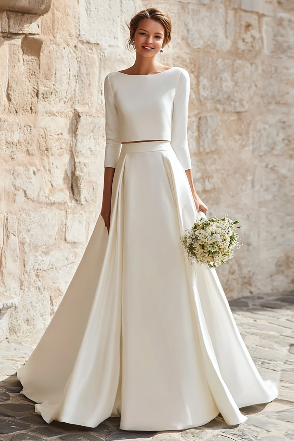 Elfenbein Satin 2-teiliges Set A-Linie Lange Braut Kleid mit Ärmel