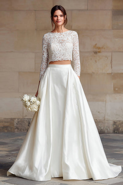 Elfenbein Satin 2-teiliges Set Lange Ärmel A-Linie Lange Junggesellinnenabschied Kleid mit Spitze