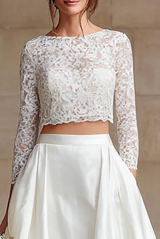 Elfenbein Satin 2-teiliges Set Lange Ärmel A-Linie Lange Junggesellinnenabschied Kleid mit Spitze