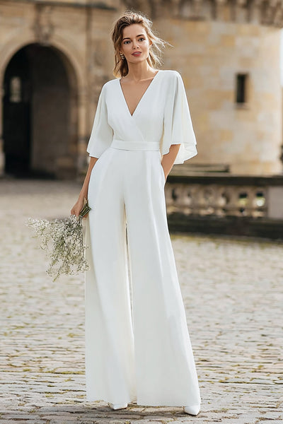 Elfenbein V-Ausschnitt Braut-Jumpsuit mit halben Ärmeln