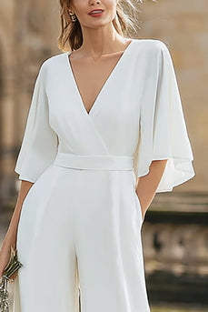 Elfenbein V-Ausschnitt Braut-Jumpsuit mit halben Ärmeln