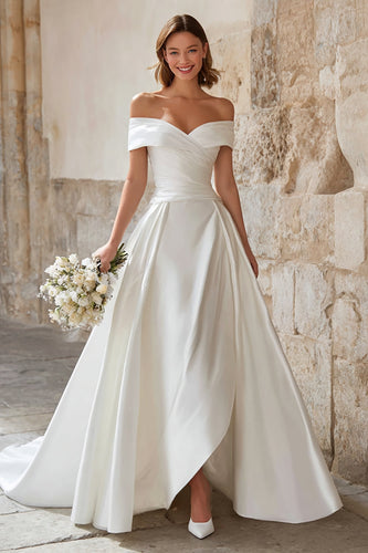 Elfenbein Schulterfreie Satin A-Linie Kurze Schleppe Braut Kleid